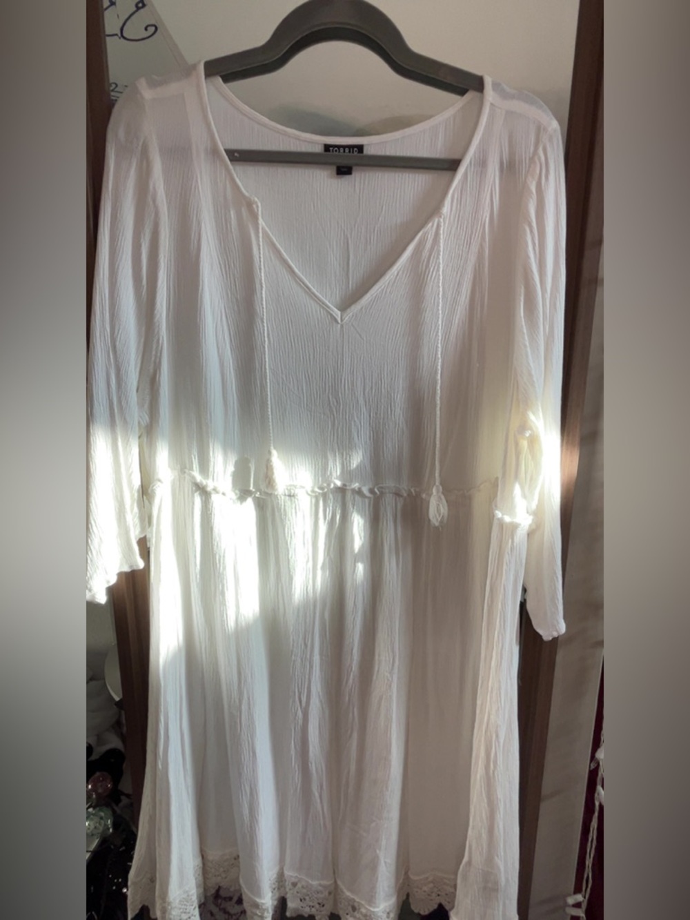 torrid White Boho V-Neck Tassel Dress